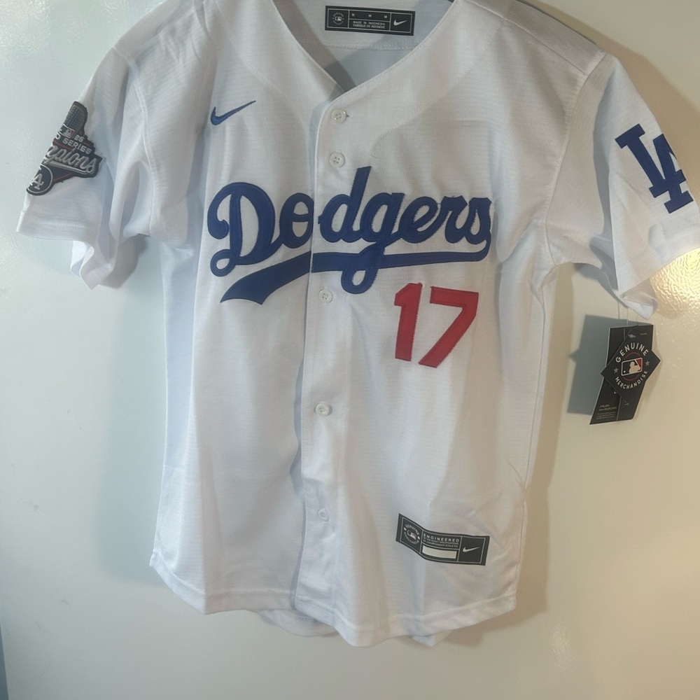 Nike MLB White Dodgers Jersey  Ohtani with Blue Script and Red Number 17